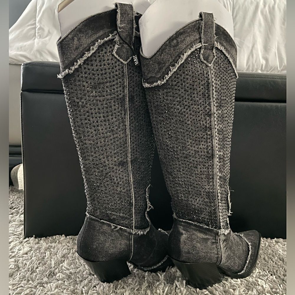NWT Zara Rhinestone Denim Cowboy Boots - Picture 7 of 12